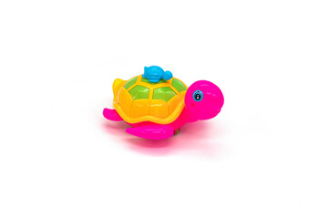 Plastic turtle toy isolated on white background.