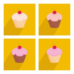 Sweet cherry cupcake flat icon vector set on yellow background