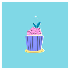 Colorful vector illustration of cupcake or muffin with cream. Hand drawn cartoon flat style.
