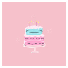 Vector illustration of birthday cake or pie with burning candles and decorations. Colorful festive postcard. Hand drawn cartoon flat  style. 