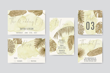 Set of vintage wedding invitation card template with tropical leaves frame