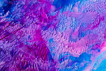 Resin art texture with aquamarine, pink and white colors. Fluid backdrop with splashes and swirls. Abstract frozen texture with alcohol inks. Bright pigments mixes on macrophotography wallpaper