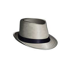 On a white isolated background beautiful and fashionable gray men's hat with black satin ribbon edging