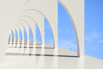 The arches forming the Art Nouveau building. Architectural background in white tones against the blue sky. 3d rendering.