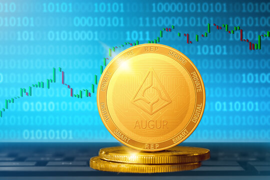 Augur cryptocurrency; augur REP golden coin on the background of the chart