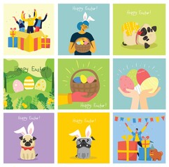 Vector Easter cards with animals holding the eggs and hand drawn text - Happy Easter