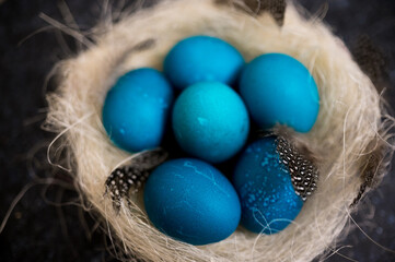Fototapeta na wymiar Blue Easter eggs with twigs in a decorative nest