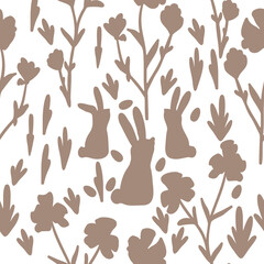 Cute vector pattern for Easter. A family of hares has hidden chocolate eggs in a flower garden and is listening to the sounds coming from it. Stylized silhouette of a chocolate holiday story.