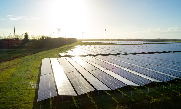 Field landscape with the largest solar farm in Netherlands, situated near Delfzijl harbour