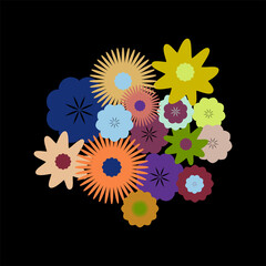 Floral colorful illustration on black background, flowers poster, card, vector