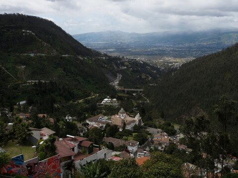 Aerial cityscape panorama of Quito skyline old historic architecture Guapulo Viewpoint lookout Ecuador South America
