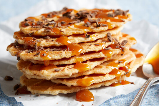 Waffle Crisps With Dark Chocolate And Caramel Sauce