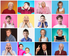 Diverse people with different emotions. Collage of diverse multi-ethnic and mixed age range people
