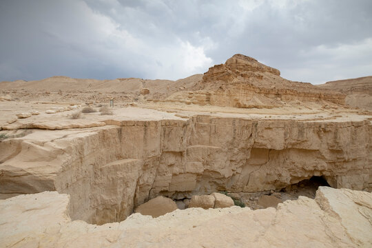 Deep dry river gorge cut in dry Marl sandstone by flood water, Dead Sea, Israel