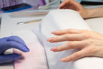 Obraz na płótnie Canvas Manicure procedure. The process of strengthening natural nails with gel polish by a manicure master.