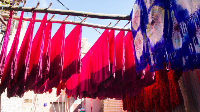Dyed textiles hung out to dry, Marrakech, Morocco