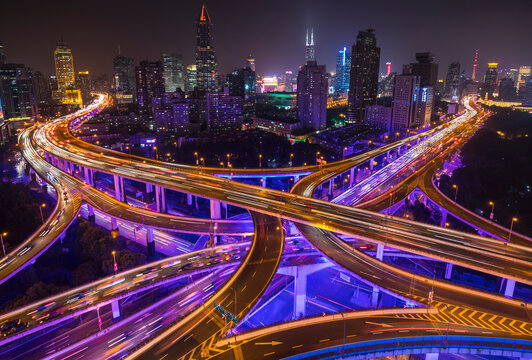 Nine dragon intersection at night, high angle view, Shanghai, China - Powered by Adobe