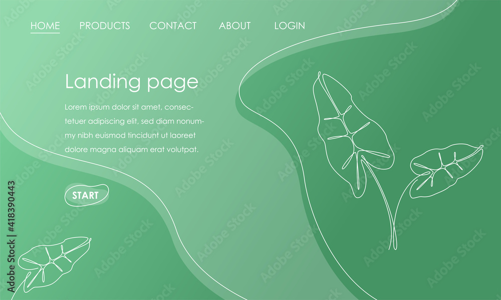 Poster Landing page template with palm leaves on green background. Simple Tropical botanical design vector illustration concept for website development. Vector illustration