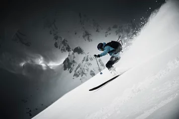 Poster Male skier speeding down steep mountainside, Alpe-d'Huez, Rhone-Alpes, France © Image Source