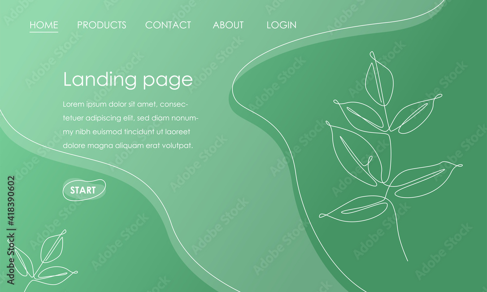 Poster Landing page template with branch leaves on green background. Simple Tropical botanical design vector illustration concept for website development. Vector illustration
