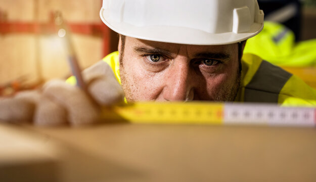 Workman in hard hat measuring surface, close up