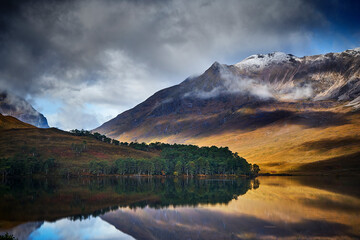Tranquil mountain landscape mirror imaged in loch, Achnasheen, Scottish Highlands, Scotland