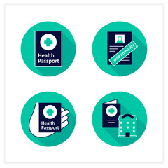 Health passport flat icons set. Necessary document. Information about health status. Fight against Coronavirus. Vaccination card for government place. Covid19 concept. Vector illustrations