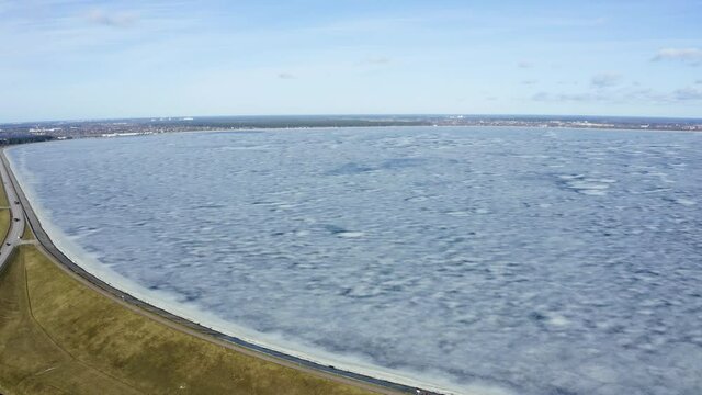Aerial winter view of the huge dam in Latvia near city of Salaspils and Riga.