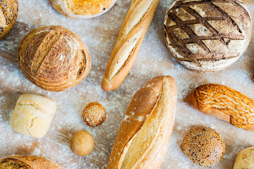 Large variety of wholemeal and white bread rolls and loaves, overhead view