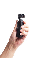 Fototapeta premium Hand hold action camera isolated on white background