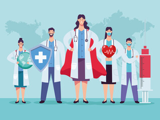 doctors staff group with shield and heart cardio © Jemastock