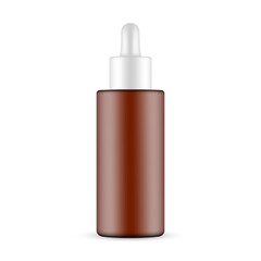 Plastic Frosted Amber Dropper Bottle, Front View, Isolated on White Background. Vector Illustration