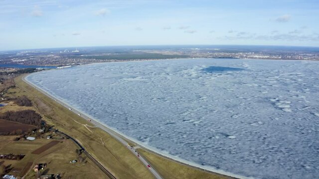 Aerial winter view of the huge dam in Latvia near city of Salaspils and Riga.