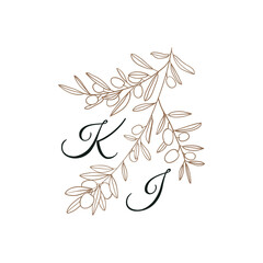 Nature Initials isolated design, uppercase letters with olive branch. Vector nature monogram for wedding, greeting. 