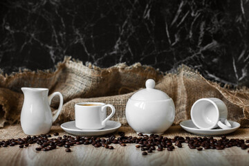 white cup, coffee beans, espresso, dark background
