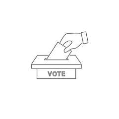 Flat hand putting vote bulletin into ballot box line icon. Election concept 