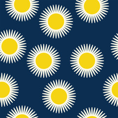 Chamomiles on blue background, botanical floral sunny illustration, seamless pattern, vector 