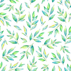 Seamless pattern with watercolor twigs with green leaves