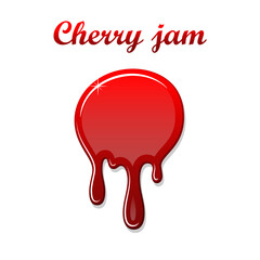 Red cherry drip confiture 3D. Berry sweet jam spot isolated white background. Drips flowing down stain. Drop realistic design. Syrup of strawberry melted sauce. Tomato splash Vector illustration