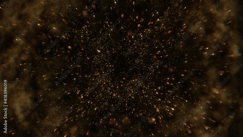 Poster golden particles explosion. bokeh lights. explode gold dust. xmas background. new year 2022. 3d rend