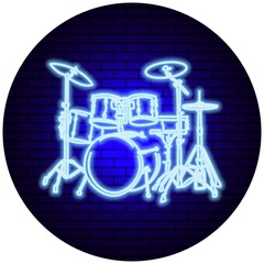 Drum kit in neon light on a brick wall background