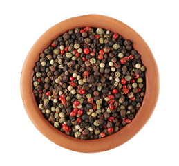 Colorful mixed pepper grains  in clay pot isolated on white background, top view