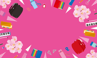 入学準備品と桜のポップな背景イラスト-ピンク