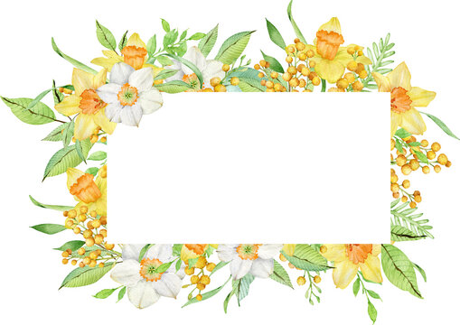 Watercolor frame with yellow spring flowers. Daffodils and mimosa branches template. Mother's Day card