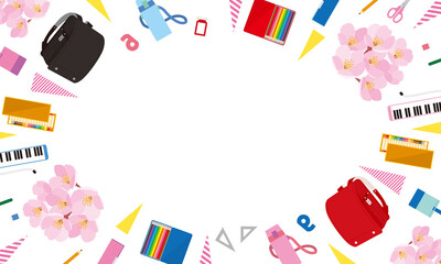 入学準備品と桜のポップな背景イラスト-白