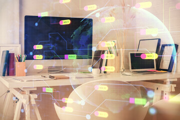 Double exposure of data theme drawing and office interior background. Concept of technology.