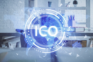 Double exposure of crypto technology theme drawing and office interior background. Concept of...