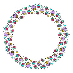 Ring cupcakes, confectionery vector illustration. Frame for a business card or postcard. A wreath for a pastry shop, an element for business cards and invitations