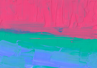 Bright red, green, blue background. Abstract landscape. Textured brush strokes on paper. Modern minimalist artwork, hand painted.