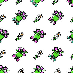 Vector flower pattern, seamless pattern. Elements for greeting cards, invitations, packaging, textiles. Background of the bouquets of spring flowers. Naive illustrations. Wildflowers. Flower and garde